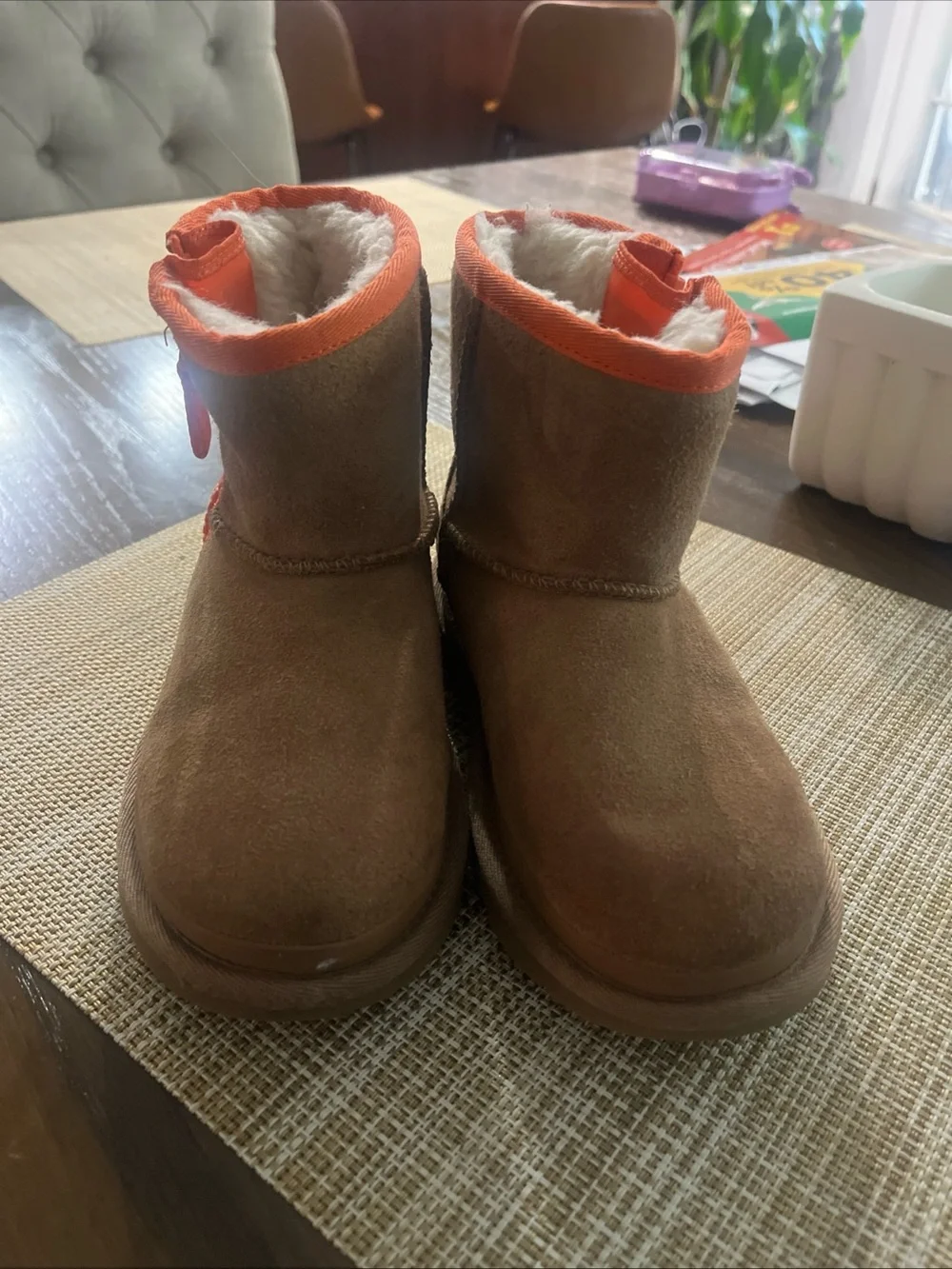 UGG Kids Chestnut Suede Boots with Orange Trim